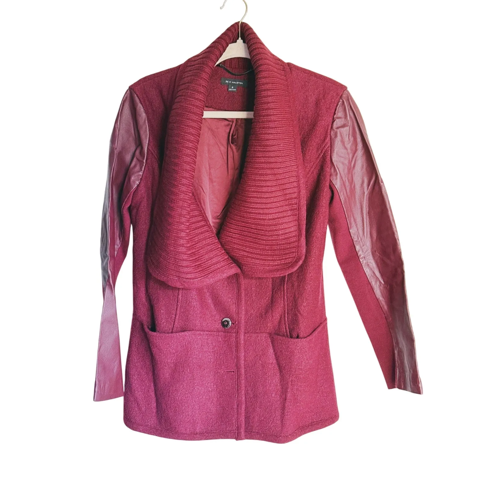 Halston Quiet Luxury Leather Wool Knit Jacket Peacoat Size 6 Red Maroon Street - Image 2