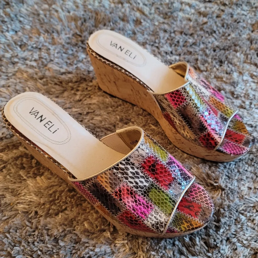 Van Eli Multicolor Patchwork Wedge Slide Sandals 6.5 Red - Image 2