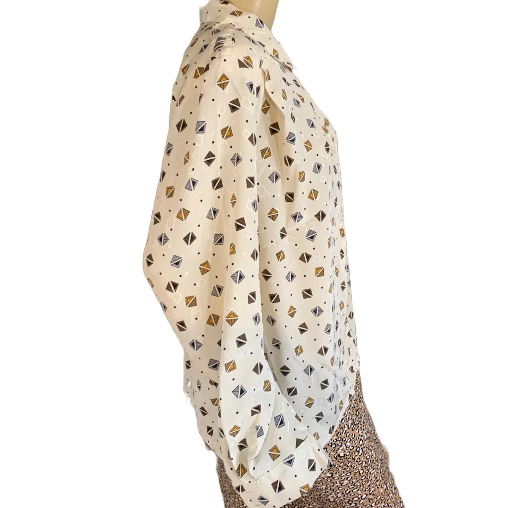 VINTAGE 1980'S KORET CAREER CREAM, YELLOW & GRAY PRINT BLOUSE (18) - Image 2