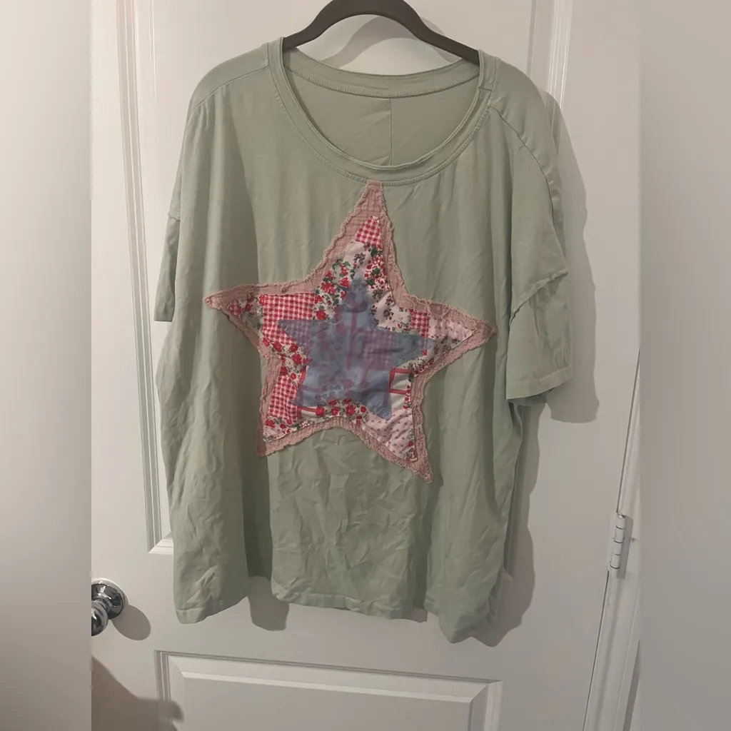 Layered Fabric Star Patchwork MintGreen Oversized T Shirt Y2K Indie Americana XL - Image 5