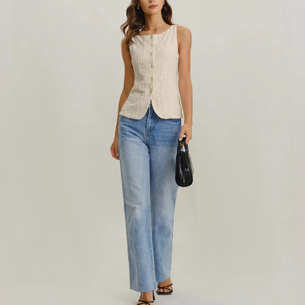 Rihoas Beige Boat Neck Button Tank Top Size M - Image 5