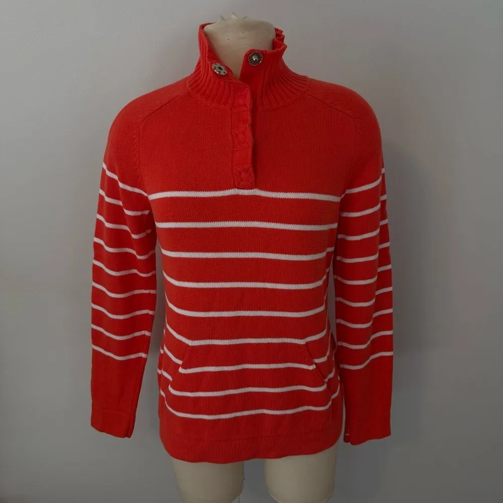 IZOD Orange & White Striped Cotton Mock Turtleneck Snap-Button Sweater Sz Medium - Image 2