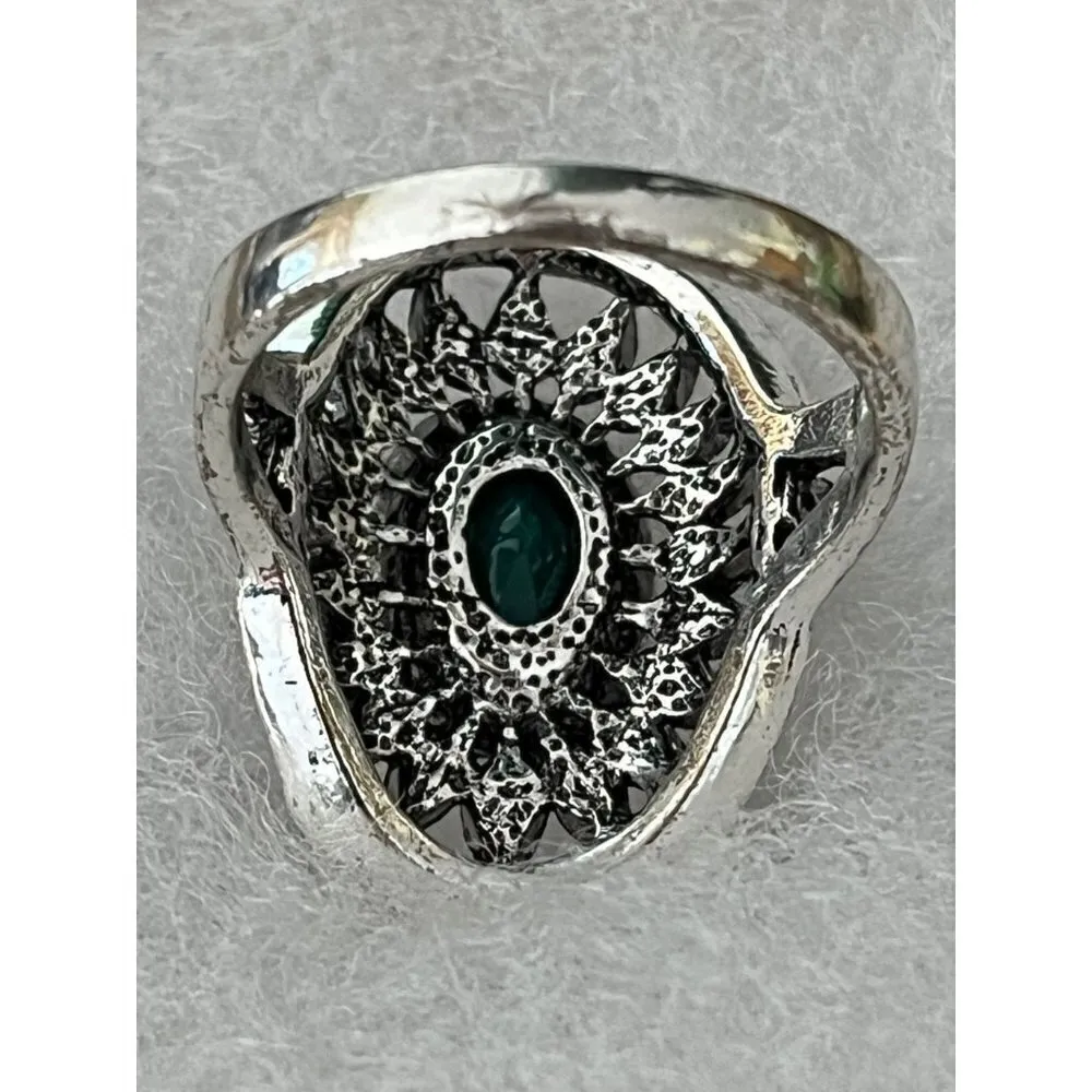 Silver Tone Jade Colored Rhinestone Marcasite Statement Ring‎ Sz 10 - Image 6
