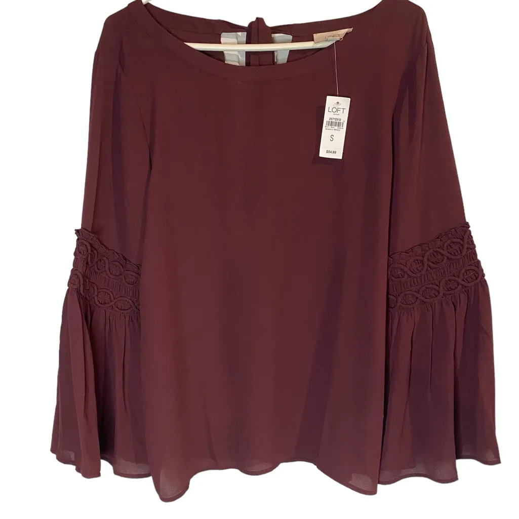 Loft Shirt Size Small Womens Wine‎ Purple Tie Back Bell Sleeve Blouse Top New - Image 2