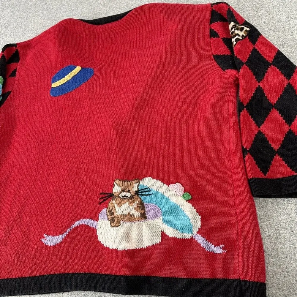 Vintage Berek Hand Knit Cardigan Sweater Womens Large Red Cat Hats Argyle - Image 13