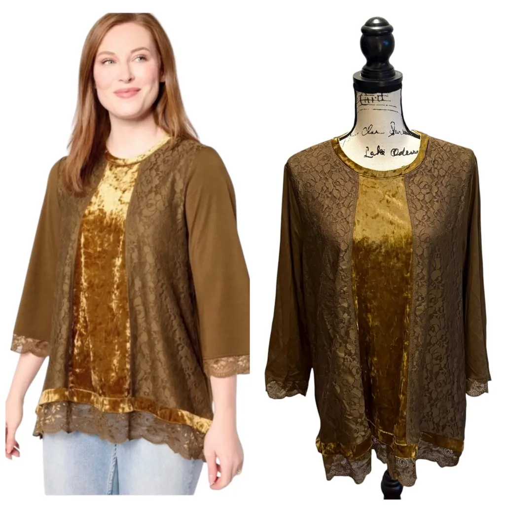 LOGO Lavish by Lori Goldstein Crushed Velvet Lace Brown Desert palm Size Large - Image 2