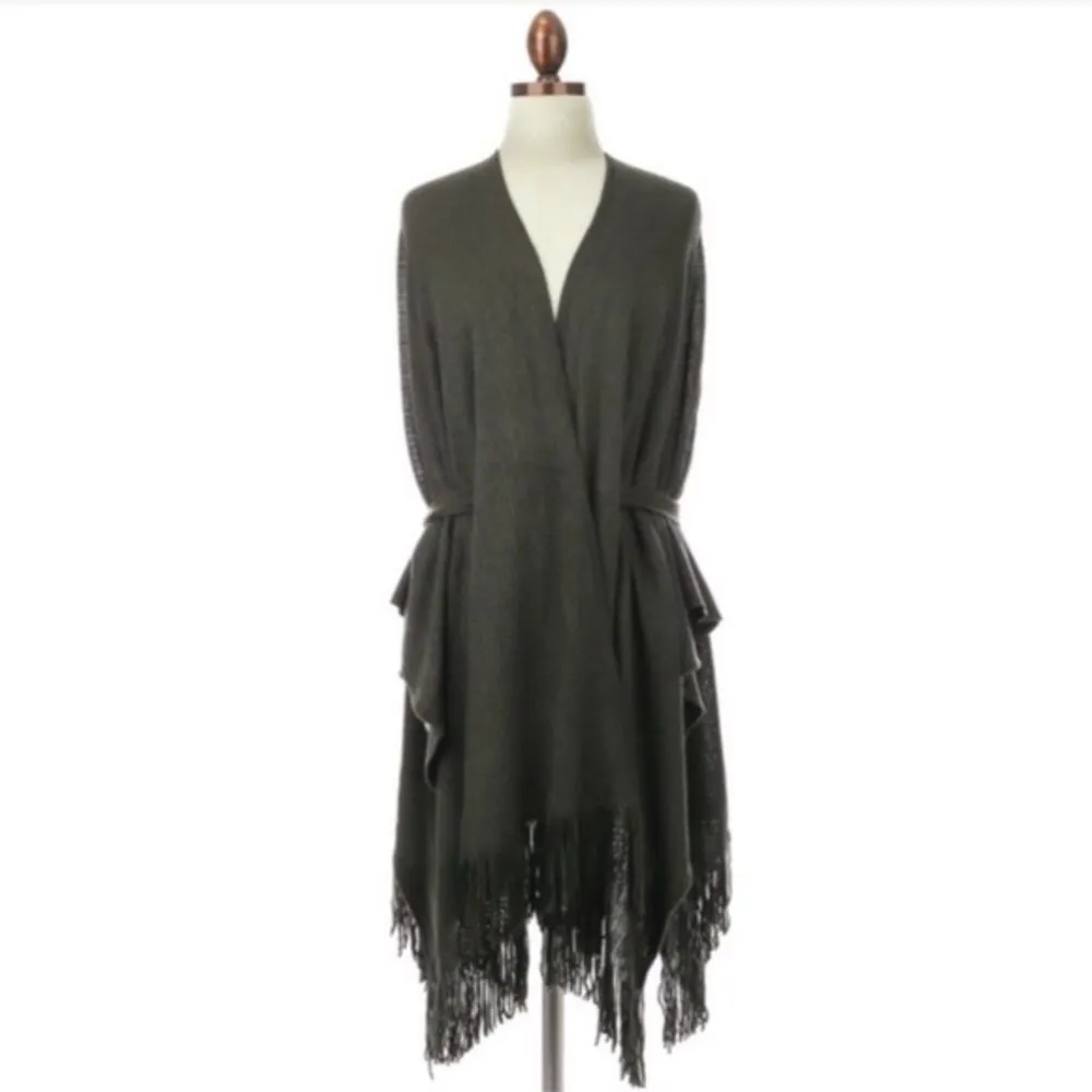 LAST ONE! Marled Grey Ruana Knit Belted Fringed Wrap Cardigan OSFM NWT Gray Size 0X - Image 10