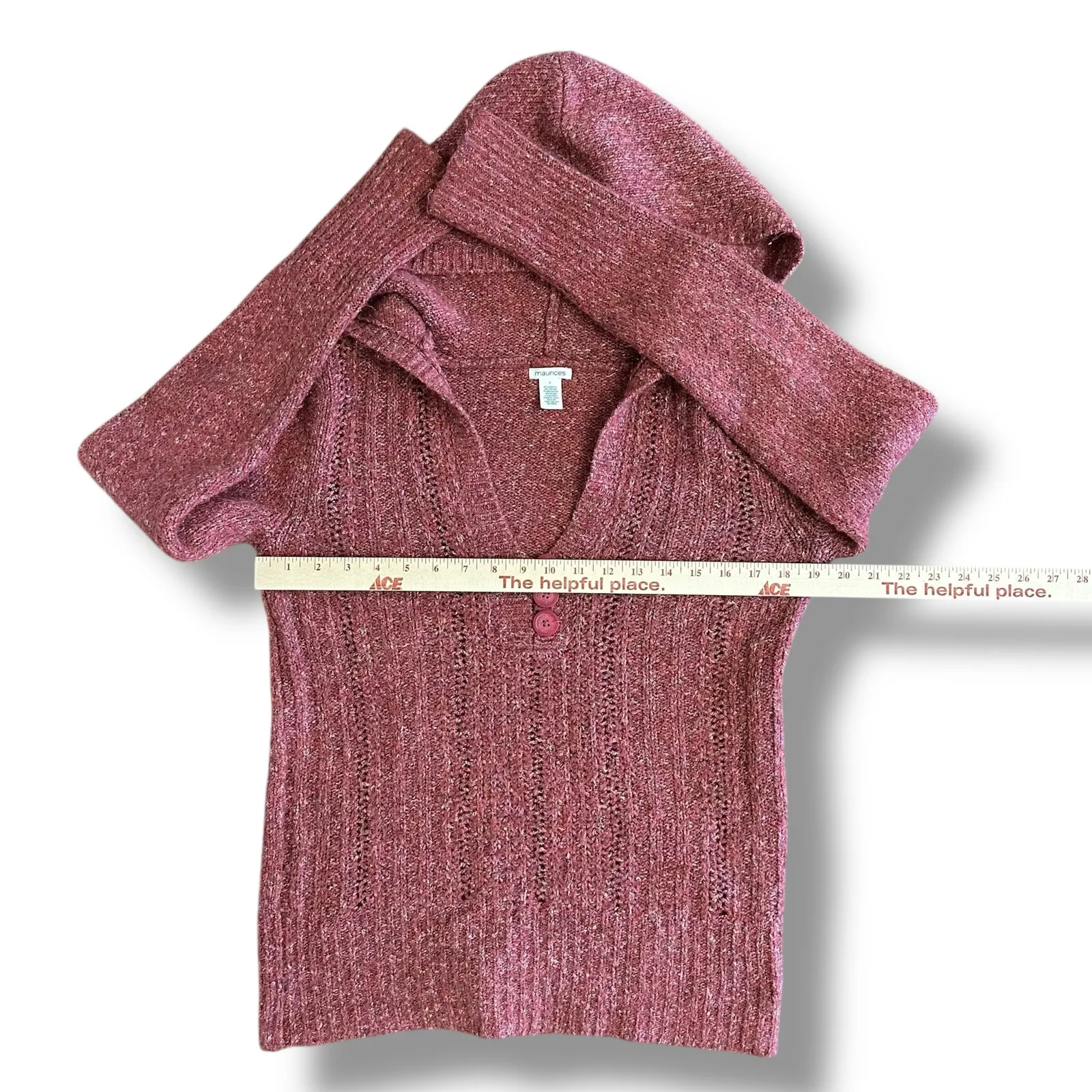 Maurices Y2K Marled Knit Hoodie Sweater‎ Pink Pullover w/ Buttons Large - Image 3