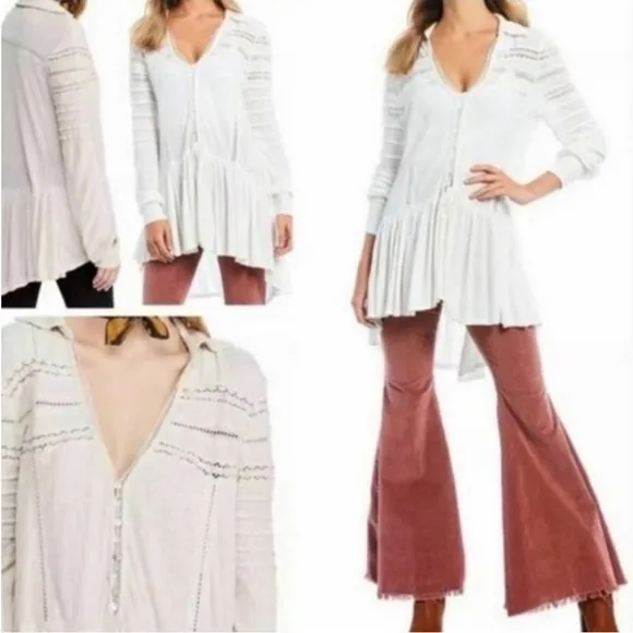 Free People Set to Stun White Cotton Linen Boho Lace Hi Low Tunic Top Dress S - Image 2