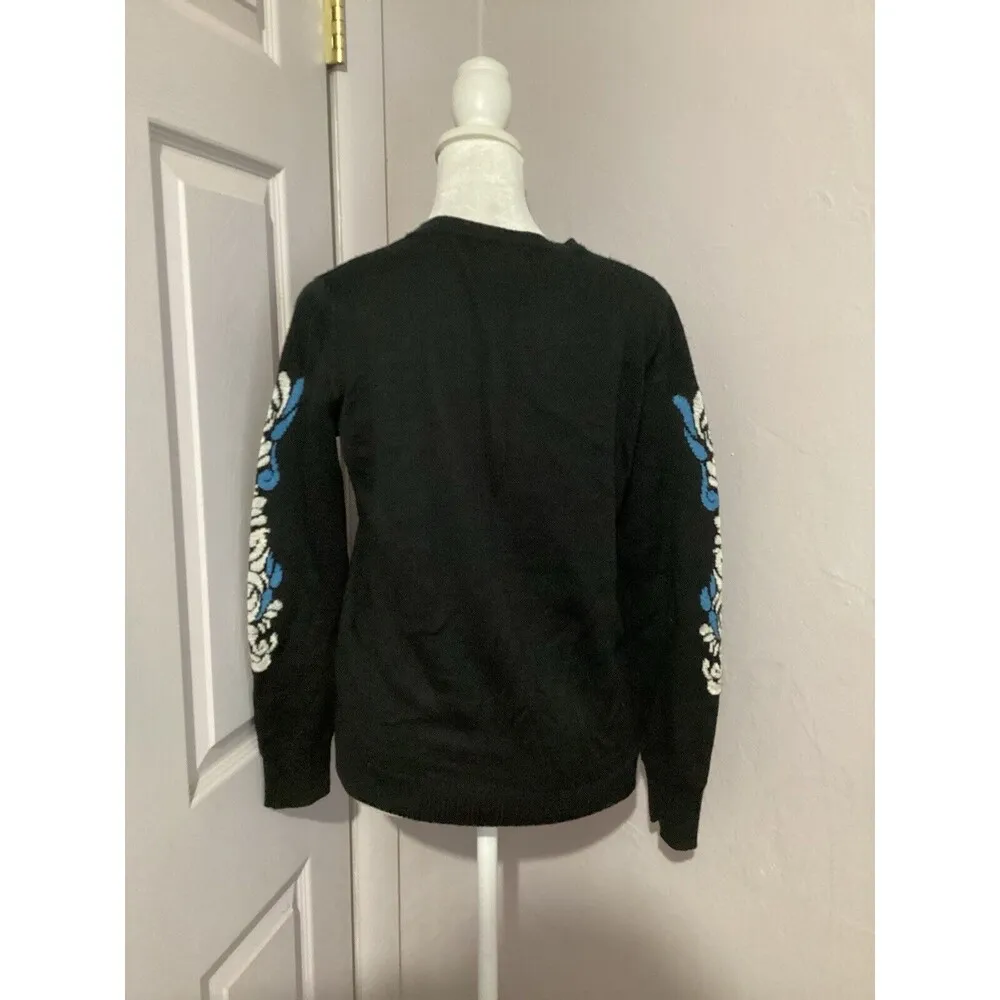 Etam Paris Black Blue Printed Wool Blend Pullover Sweater Crewneck Size 6 - Image 5