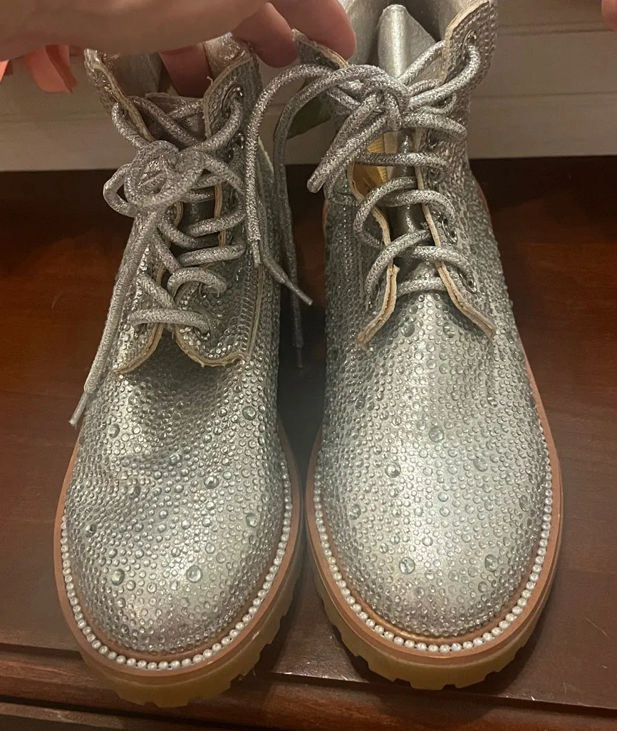 Bella Marie Silver Bling Studded Lace-Up Boots size 5.5 Nwob - Image 1