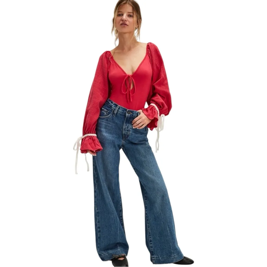 NEW Free People Bali Jolene Open Tie Back Balloon Sleeve Red Bodysuit XS‎ $128 - Image 2