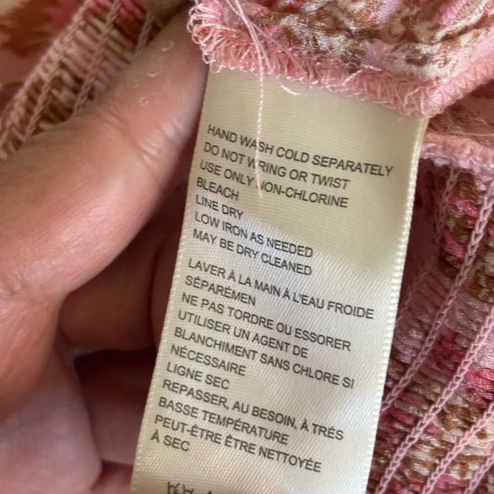 Free People Pink Floral Puff Sleeve Smocked Bust Tie Front Long Sleeve Top M - Image 13