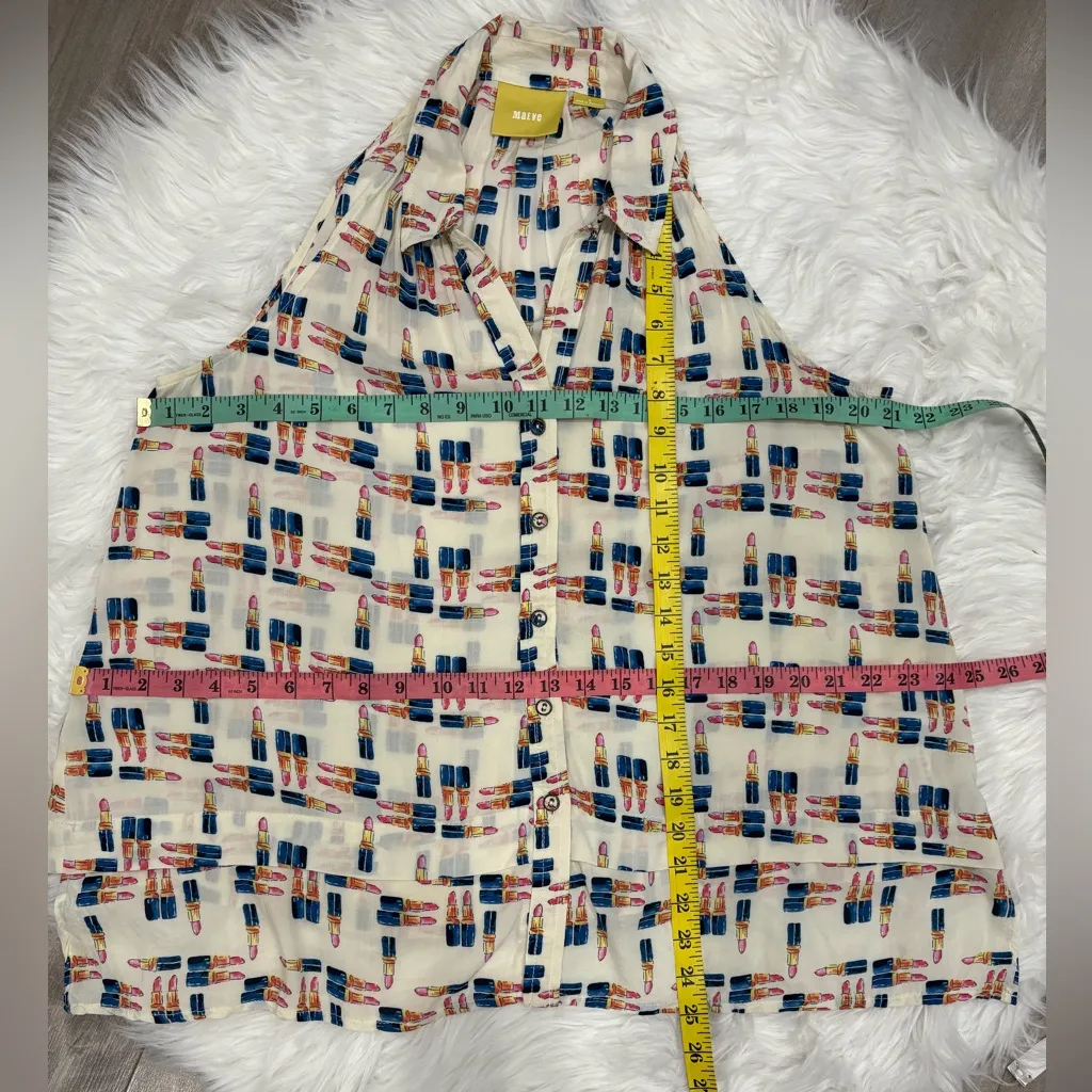 Maeve (Anthropologie) Lipstick Print Halter Blouse - Cream and Blue Size 6 - Image 3