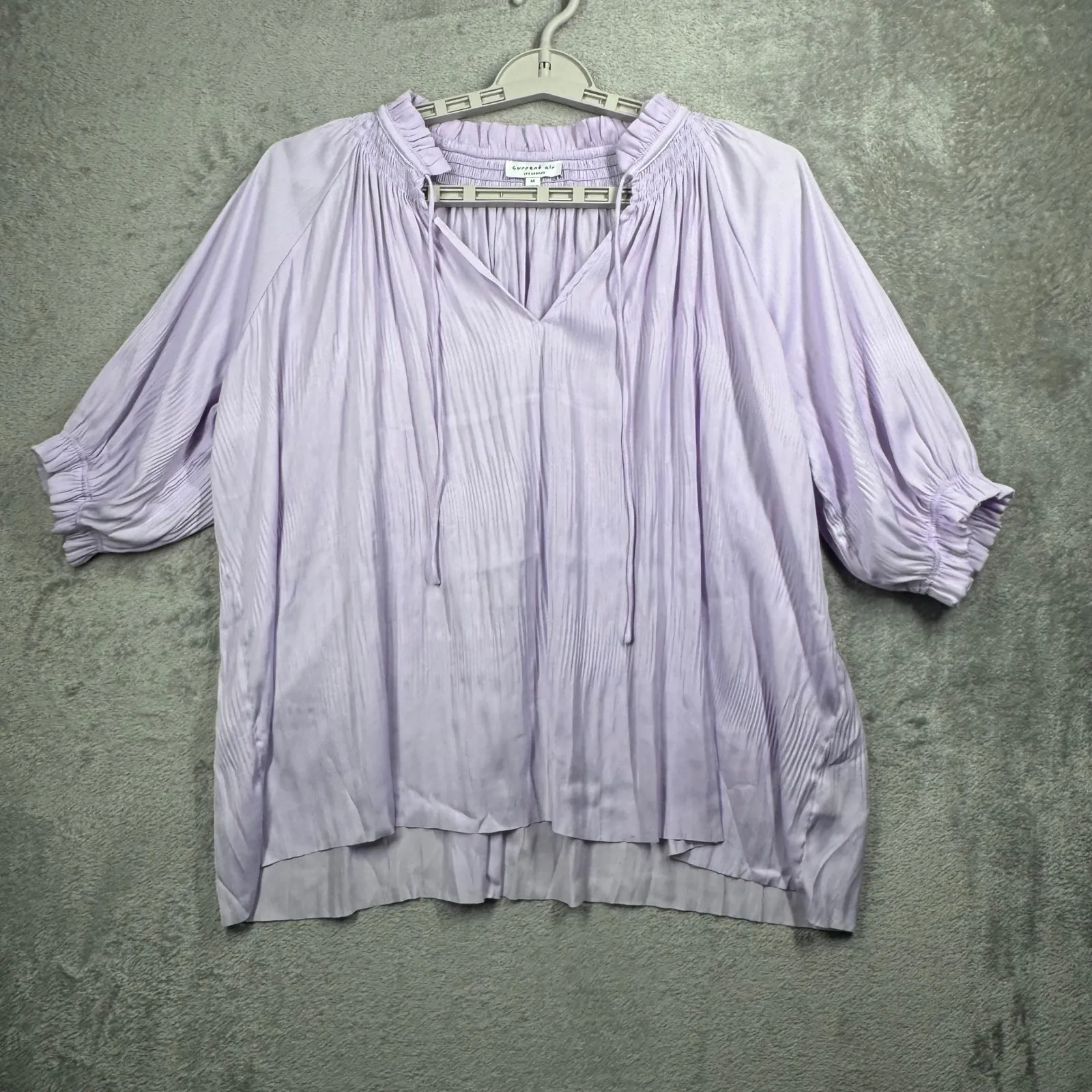 Current Air Angelica Pleated Blouse Lilac Puff Sleeve Tie Neck Top Tunic Medium - Image 2