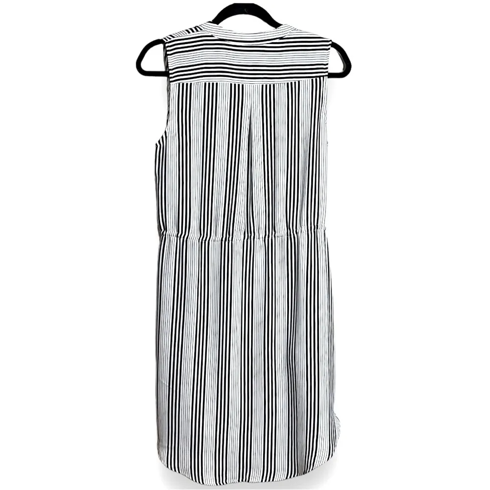 H&M White & Navy Blue Striped Button Up Shirt Dress Sleeveless W/ Pockets Size 6 - Image 4