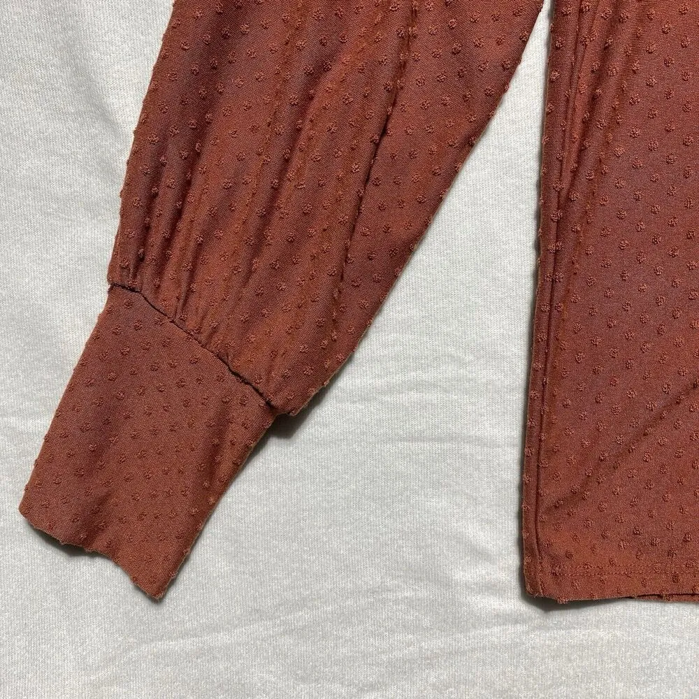 Downeast Long Sleeve Top Womens Sz L Pullover Rust Shirt Polka dots Puff Sleeves - Image 4