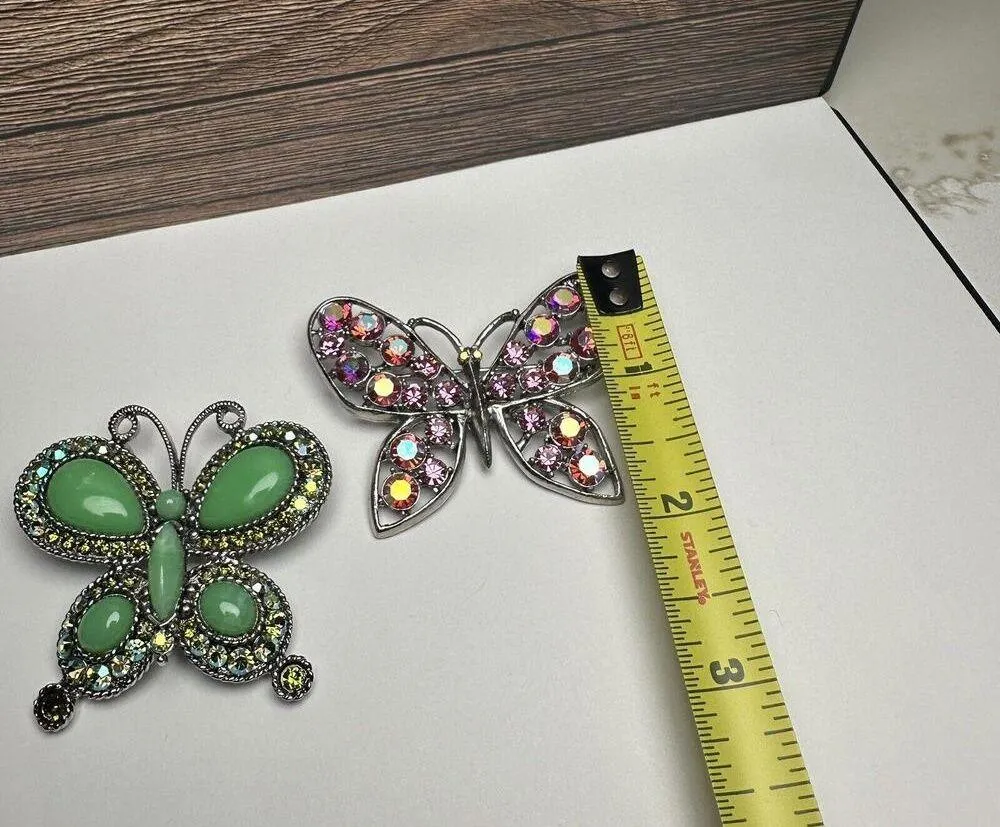 Rhinestone Butterfly Insect Brooch Pin Lot Of 2 Silver Tone 1 Green & 1 Pink Gold - Image 5