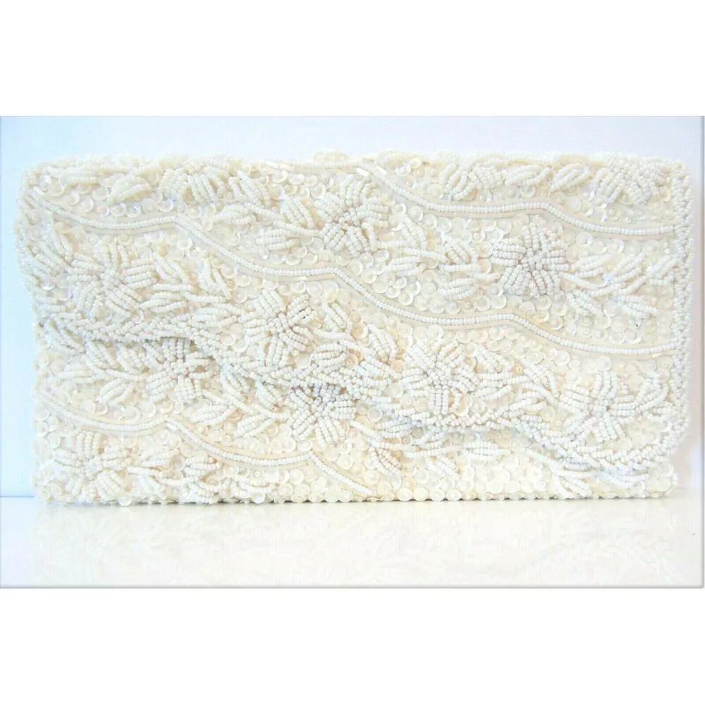 HONG KONG Beaded EVENING BAG CLUTCH Purses White Cream Sequin Floral Microbeads - Image 6