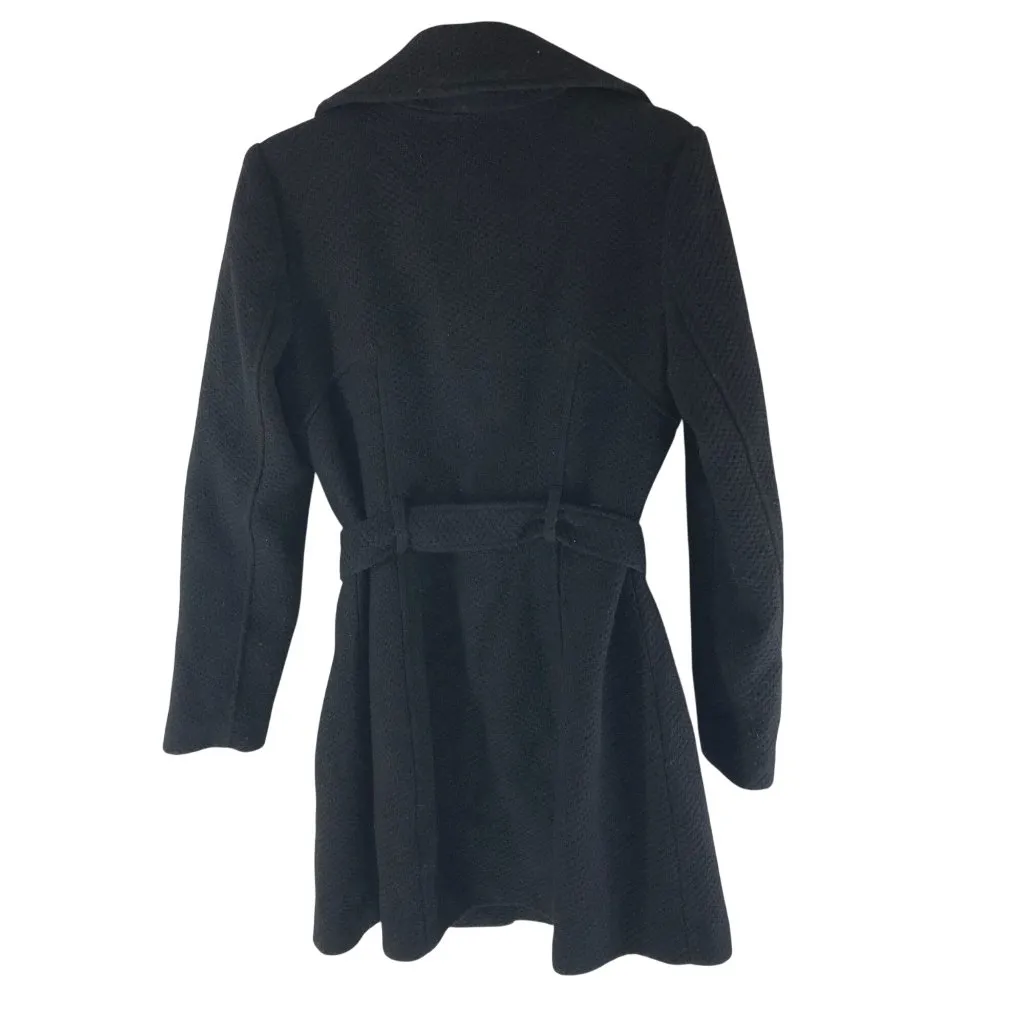 Jessica Simpson Black Belted Textured Wool Blend Coat Gold Button Zipper M - Image 3