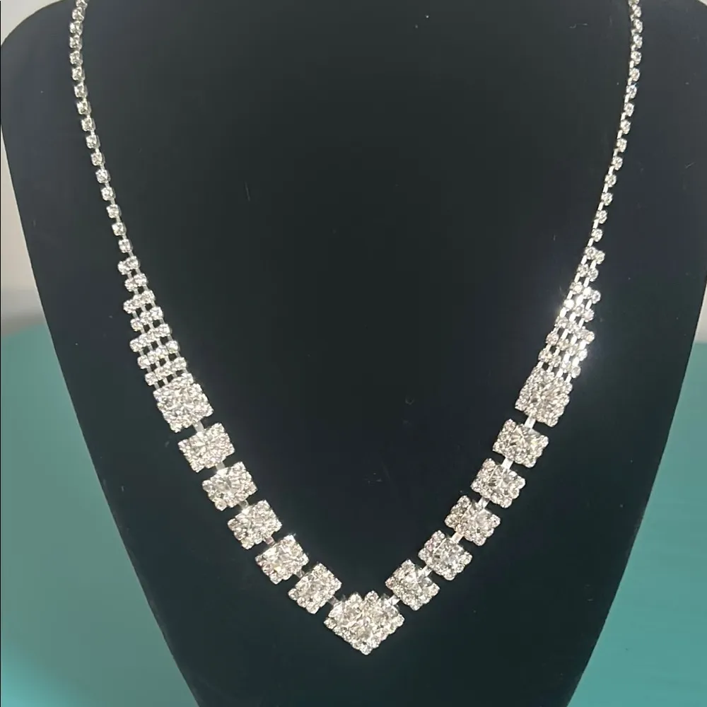 Bridal Prom Formal Occasion Chevron Style Rhinestone Silver Setting Necklace - Image 6