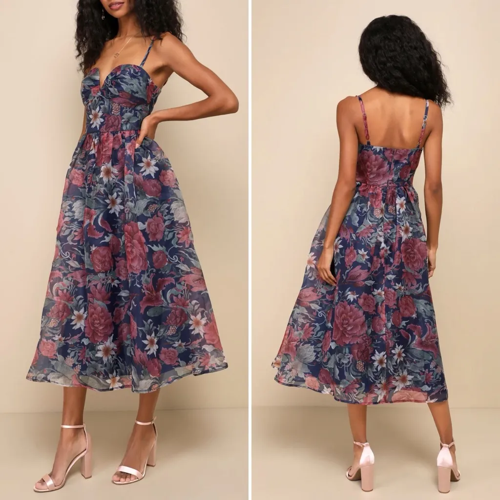 Lulus Cherished Aura Floral Organza Bustier Midi Dress Navy Blue Size M NWT - Image 6