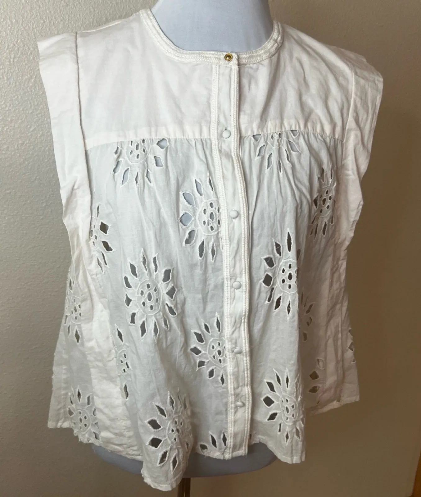 Calypso St. Barth Off White Cream Eyelet Floral Sleeveless Blouse LARGE - Image 1