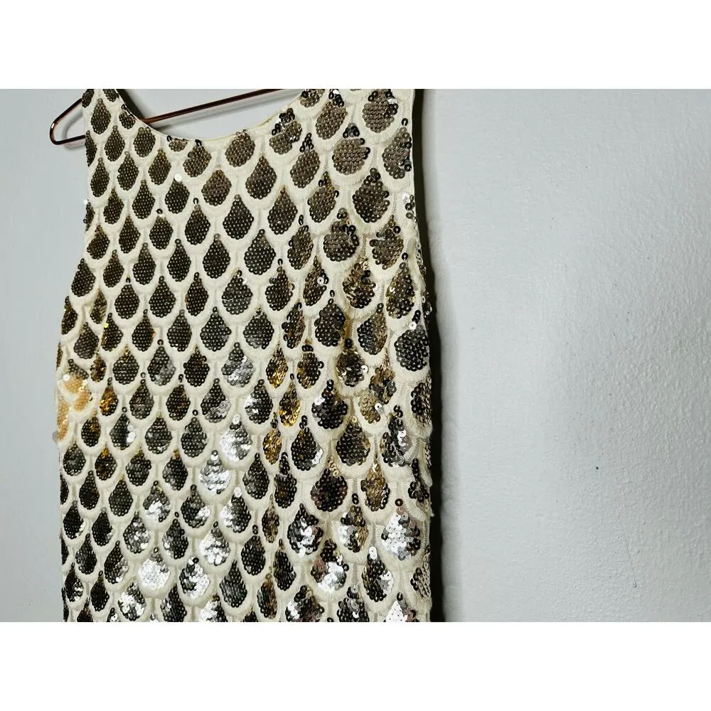 MILLY White Gold Silver Scallop Print Sequins Rhea Sleeveless Mini Dress Size 6 - Image 8