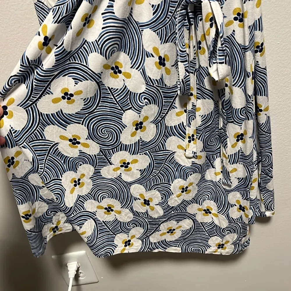 BODEN Blue & Yellow Flower Print Long Sleeve Wrap Dress, Size 6R - Image 4
