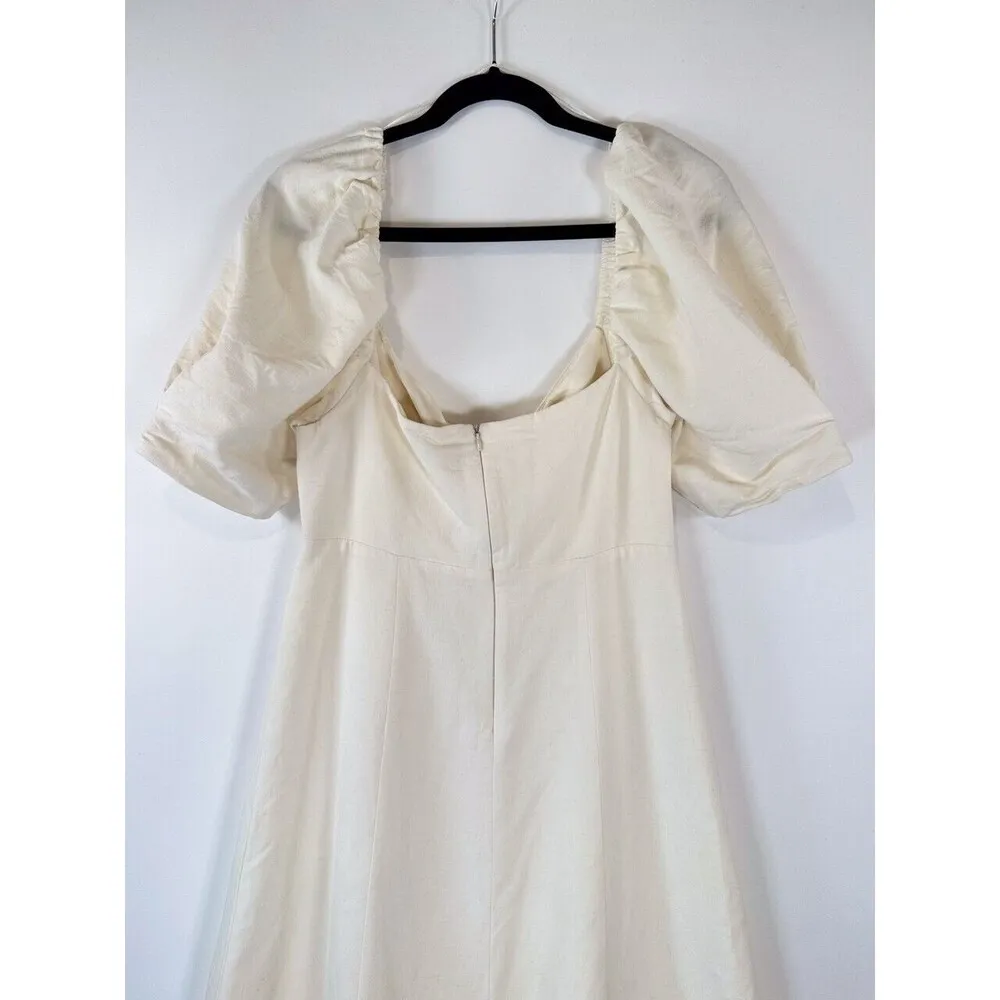 Zara Womens Dress White Midi Puffed V Neck Linen Short Sleeve A Line Flowy Large - Image 11