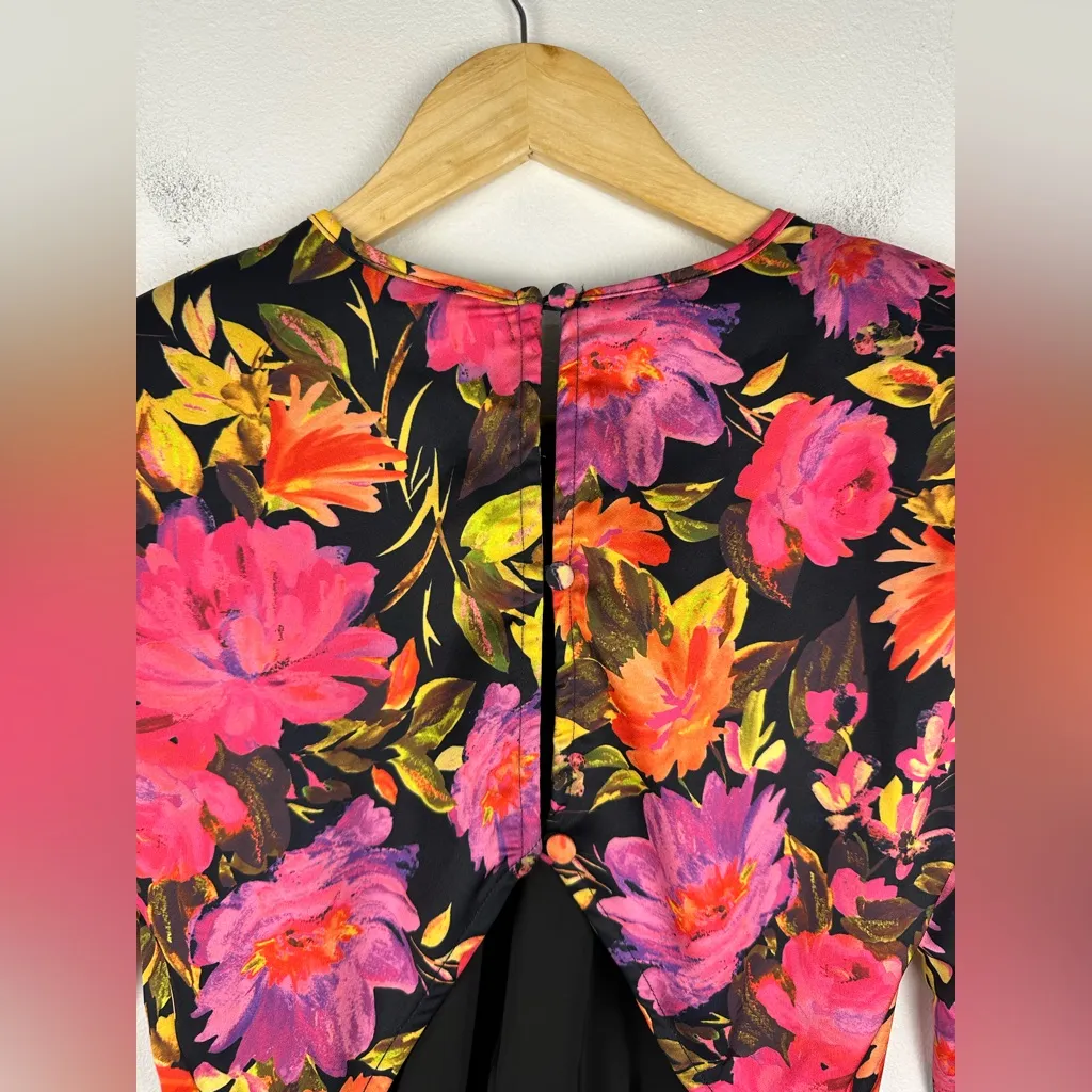 For Love and Lemons Dakota Black Floral Satin Long Sleeves Ruffle Dress Sz XXS - Image 11