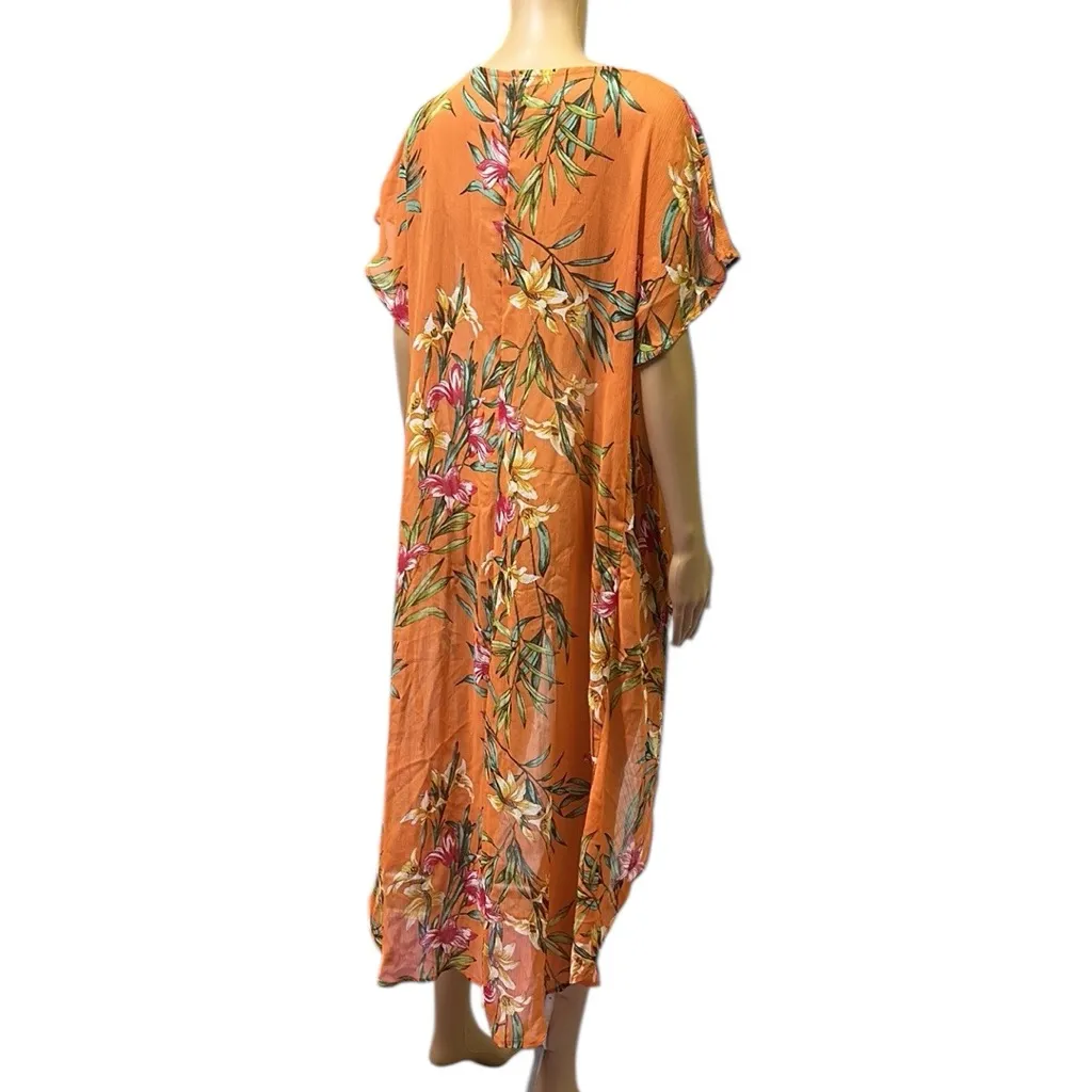 Lily White Orange Floral Print High Low Tunic Blouse Semi Sheer Womens Large - Image 7