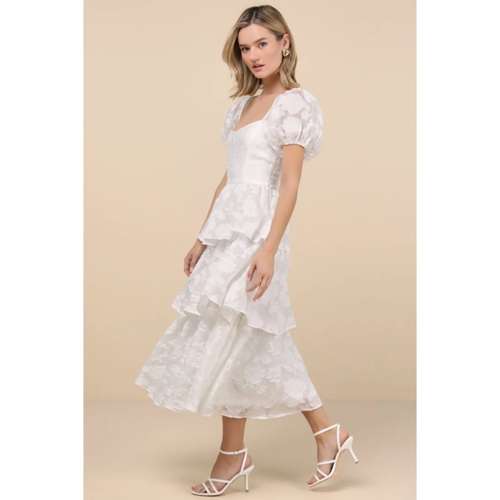 Lulus Mesmerizing Sweetheart Ivory Jacquard Puff Sleeve Midi Dress - Image 12