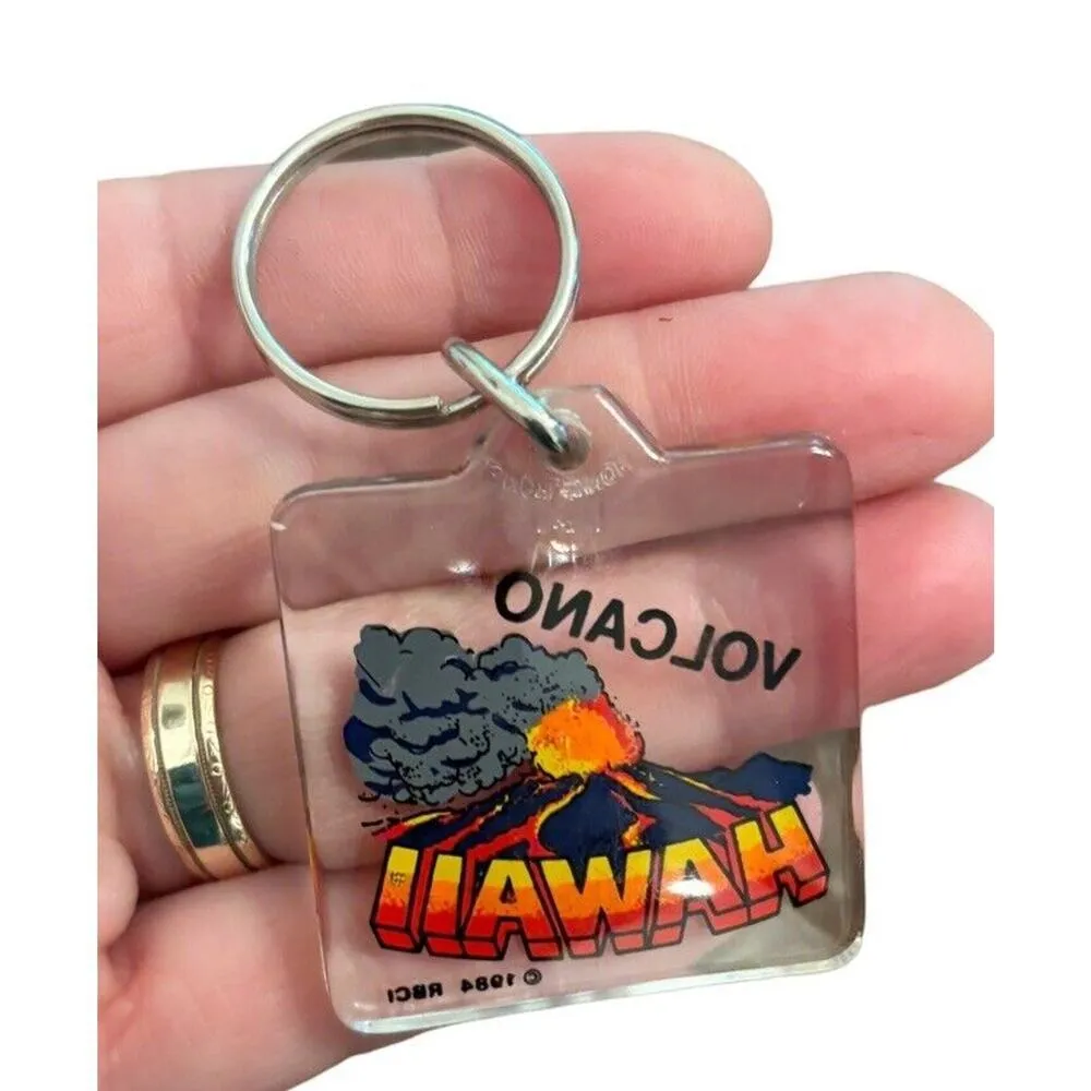 Vintage 80s Keychain Hawaii Key Chain Ring 1980s 1984 Volcani Acrylic - Image 2