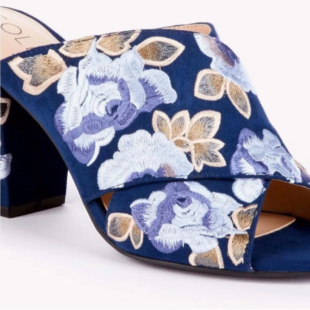 NWOB Sole Society Luella Blue Floral Women's Embroidered Heels Mules Shoes - Image 2