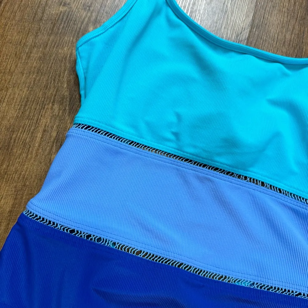 Vtg Christina 3 Tone One Piece Swimsuit Sz 12 Turquoise Periwinkle Blue - Image 5