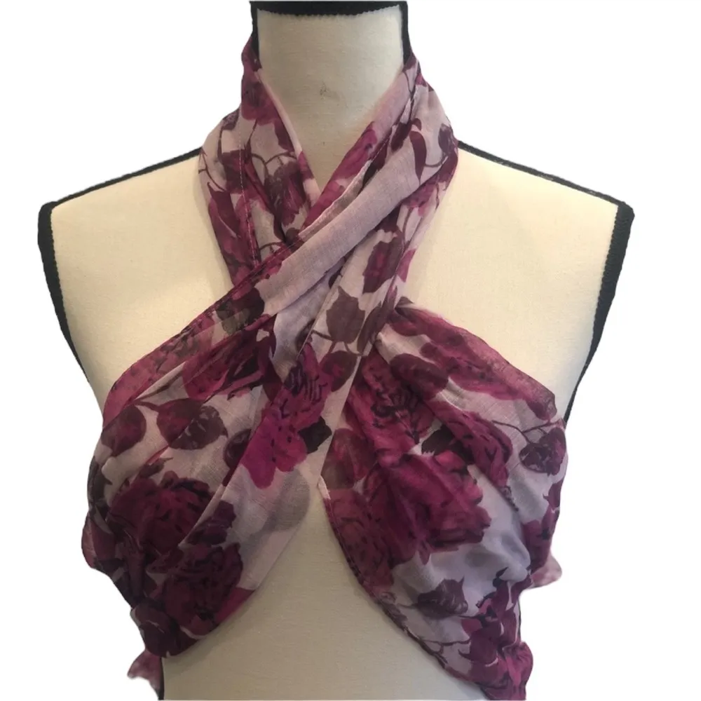 Purple Floral Semi Sheer Long Scarf Wrap Sarong Cover Up 71 x 22.5 inches - Image 4