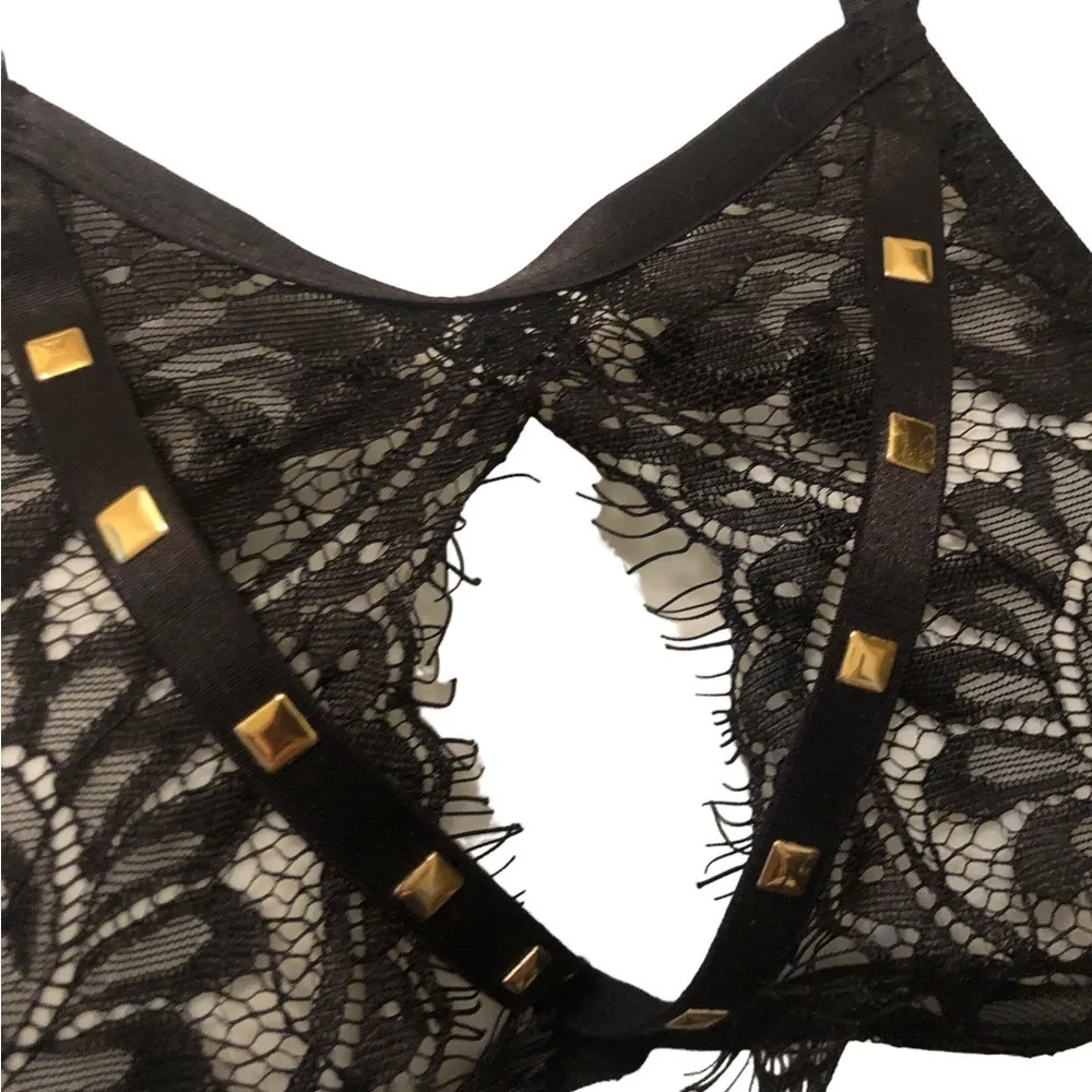 Adore Me Lacy Black Unlined High Neck Underwire Sexy Bra Gold Studded Size 32A - Image 3