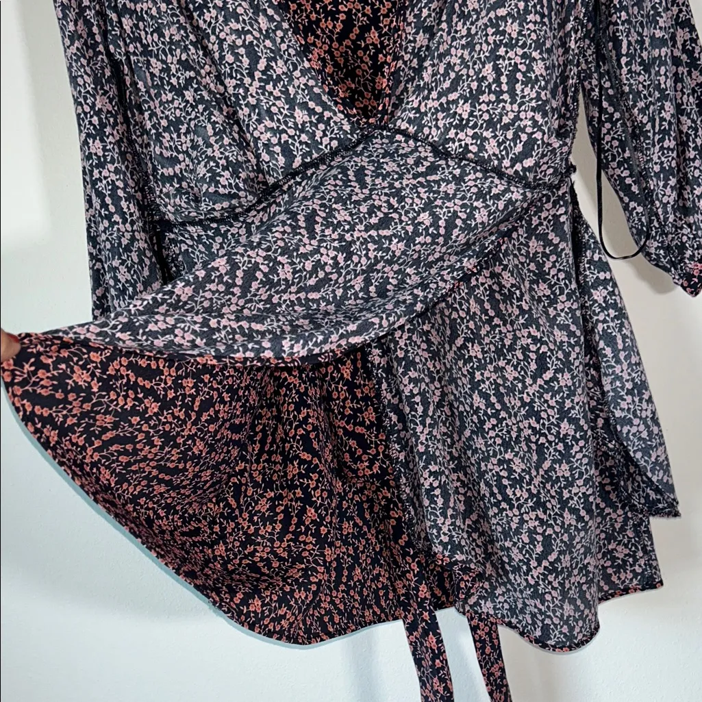 Free People Tunic Mini Dress Or Top Floral Tie Wrap Front Sz S Black - Image 9