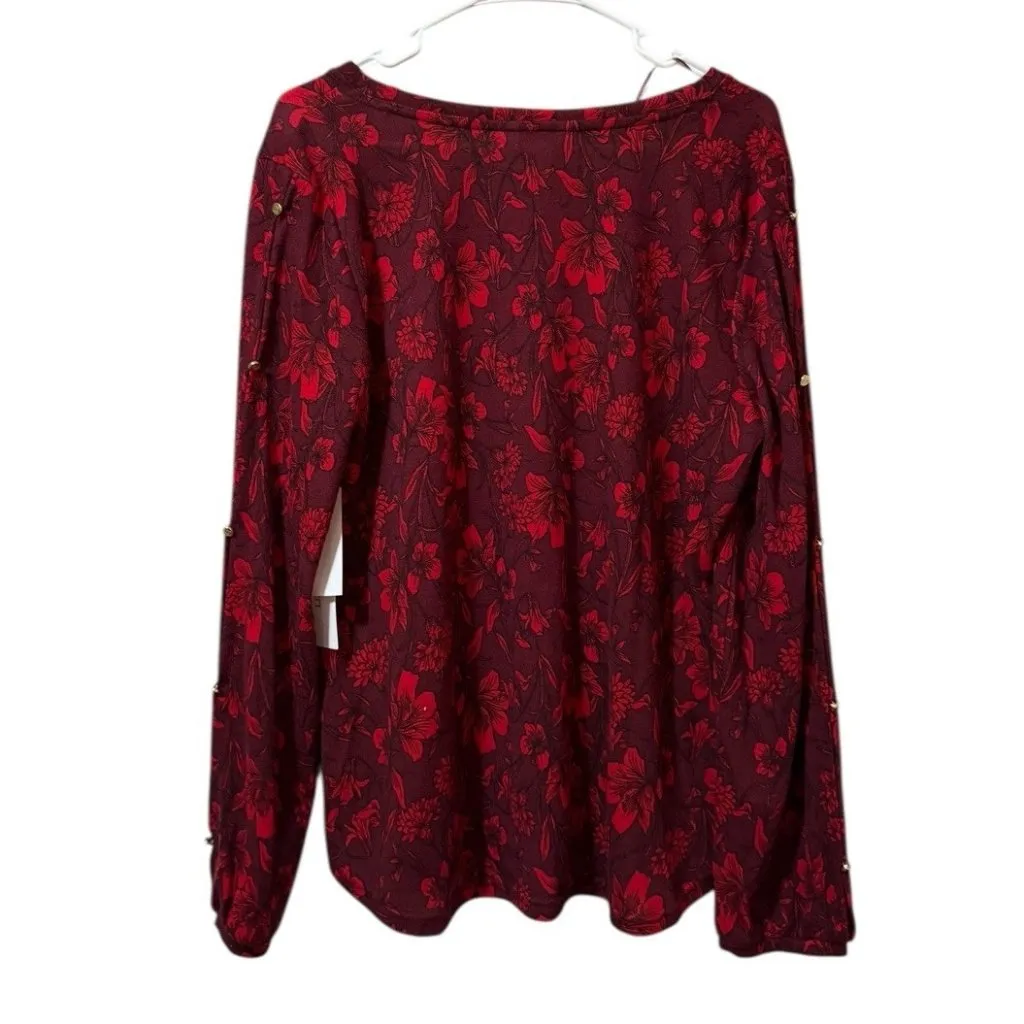 Liz Claiborne Sweater Women Size Large Burgundy Floral Stretch Lightweight NWT - Image 2