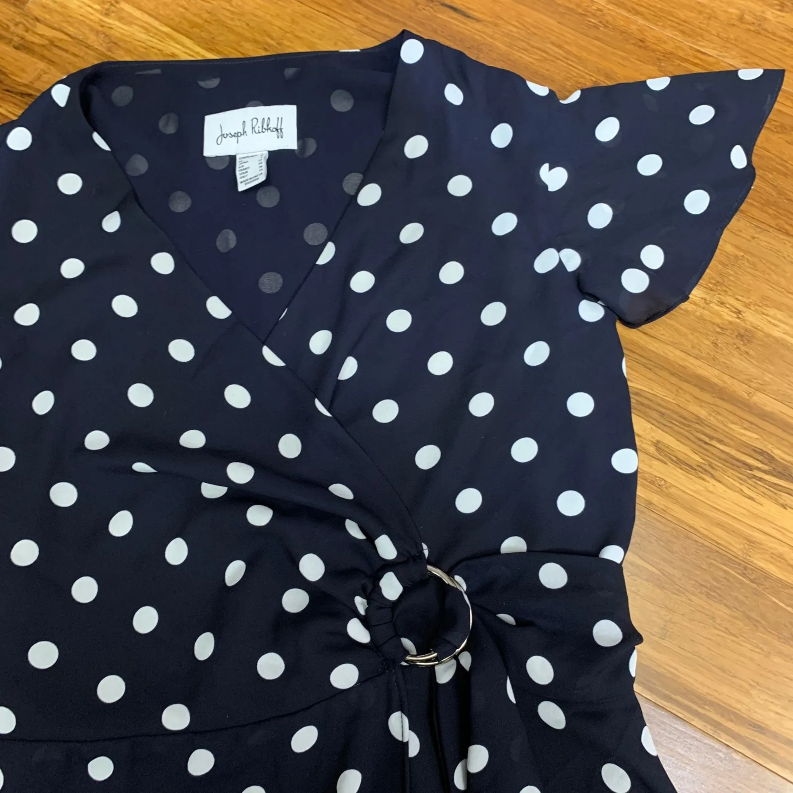 Joseph Ribkoff Navy Blue White Polka Dot Wrap Midi Dress Size 4 Ruffle Tiered - Image 2
