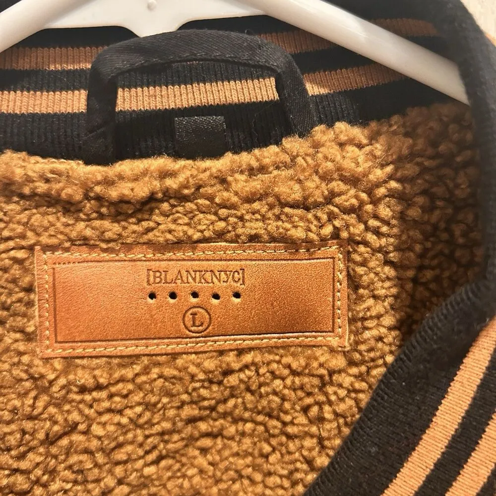 Blank NYC Sherpa Varsity Bomber Jacket Buttons Large Brown Black‎ - Image 3