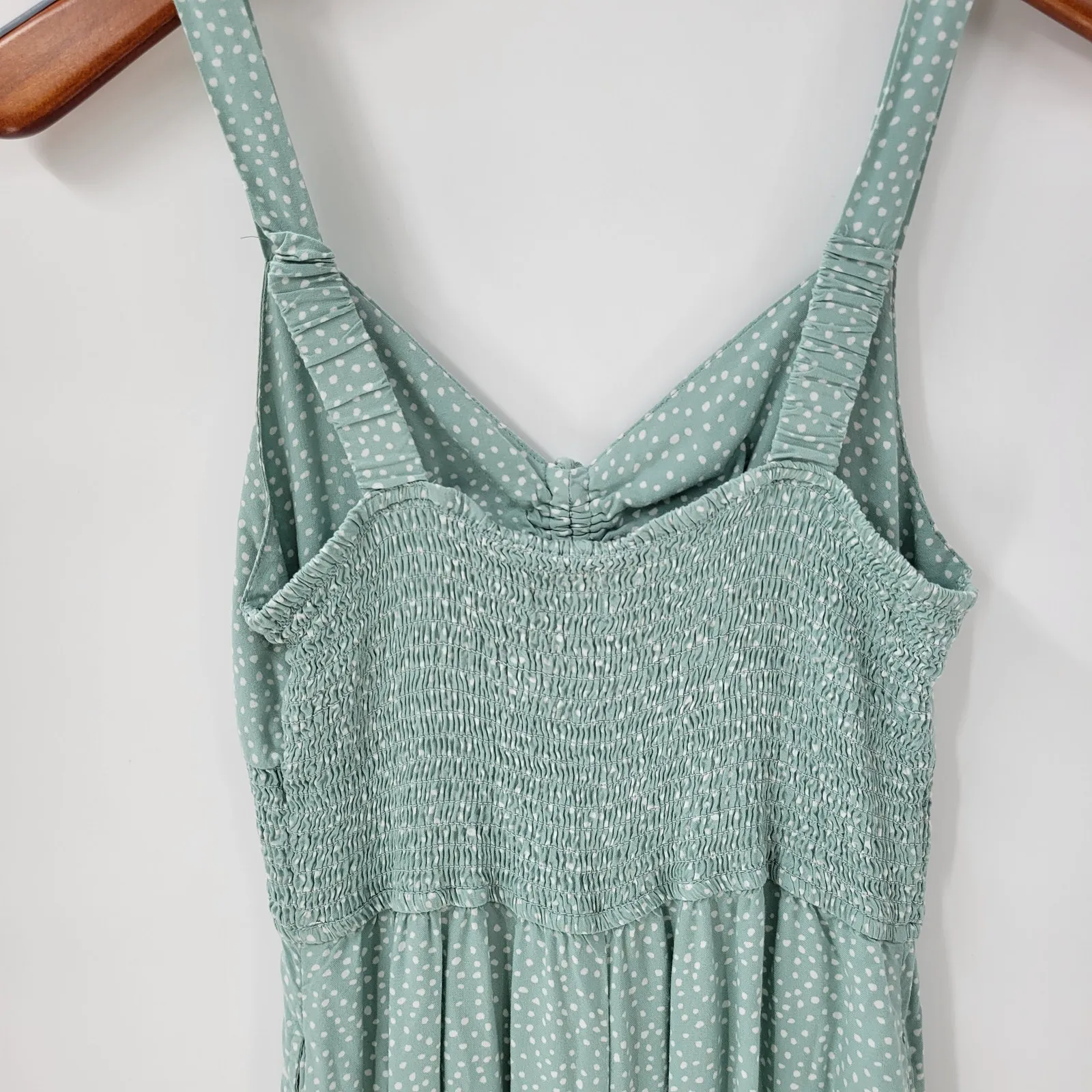 Jessica Simpson Jumpsuit Womens M Green White Polka Dot Wide Leg Smocked‎ Straps - Image 7