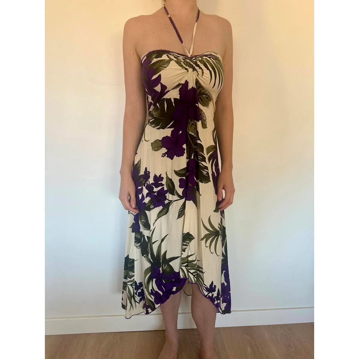 Purple and Cream Floral Halter Neck Midi Dress - Image 7