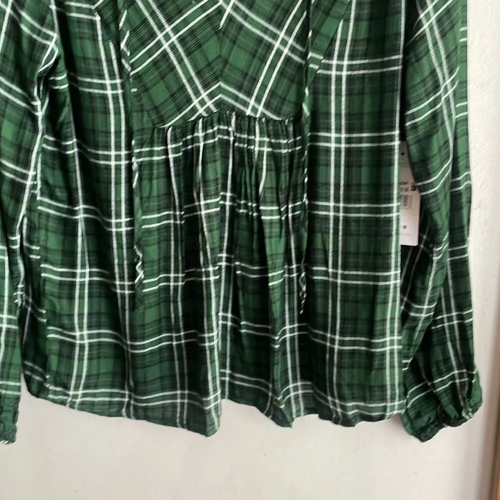 Three Dots Mason Plaid Long Sleeve Blouse Dark Green - Image 9