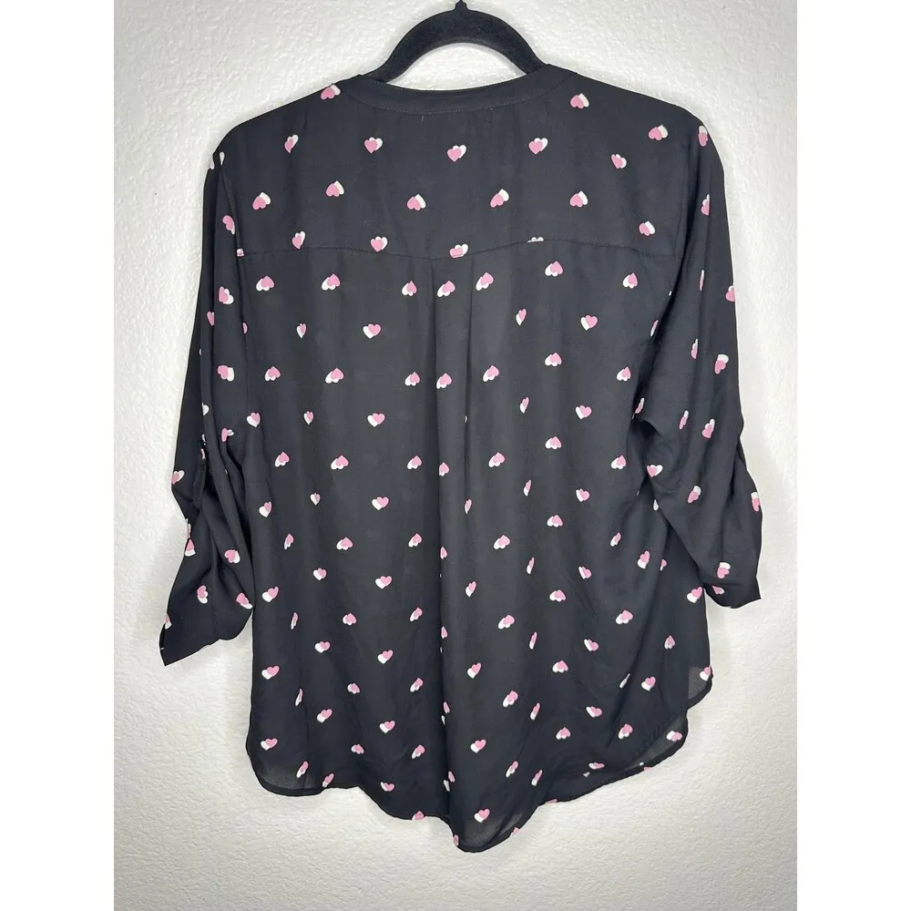 Torrid Shirt Womens Large Black Harper Heart Print Split Neck 3/4 Sleeve Blouse - Image 5