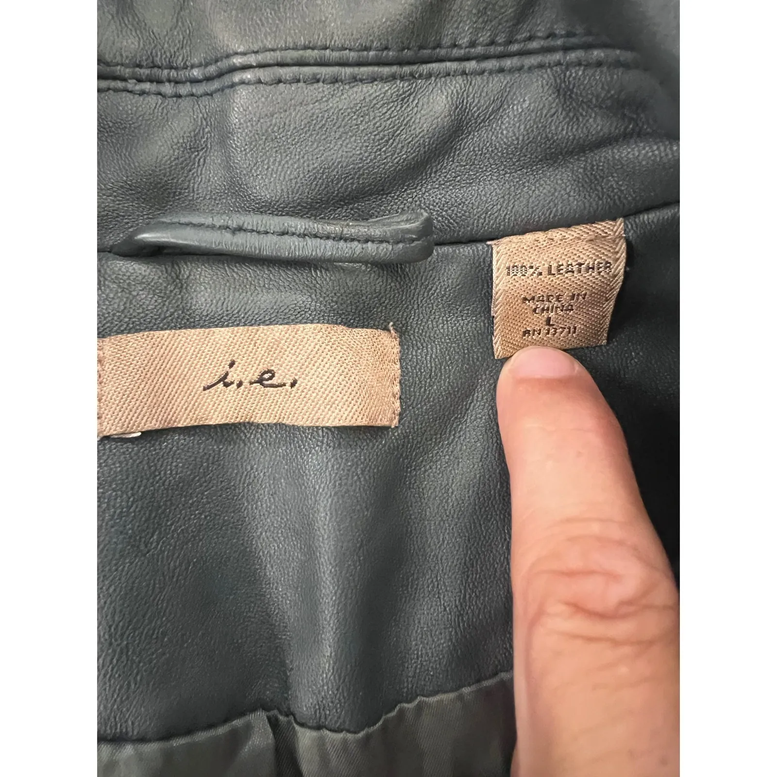 Vintage Dark Green Leather Jacket Button‎ Front Fitted Lined Cropped I.E. Y2K Pink Size L - Image 4