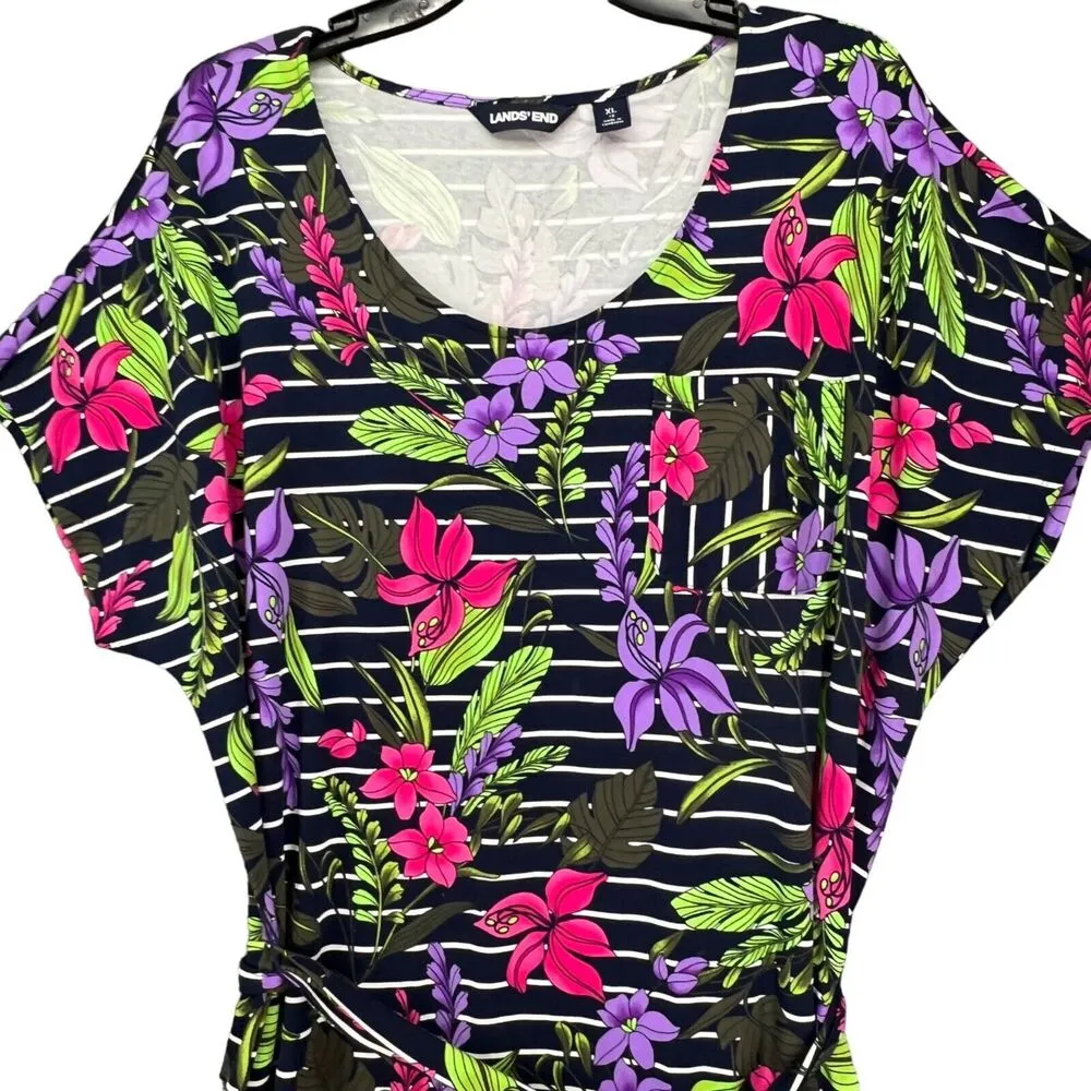 Lands End Dress Womens XL Blue Multicolor Tropical Hawaiian Floral Stripe Resort - Image 2