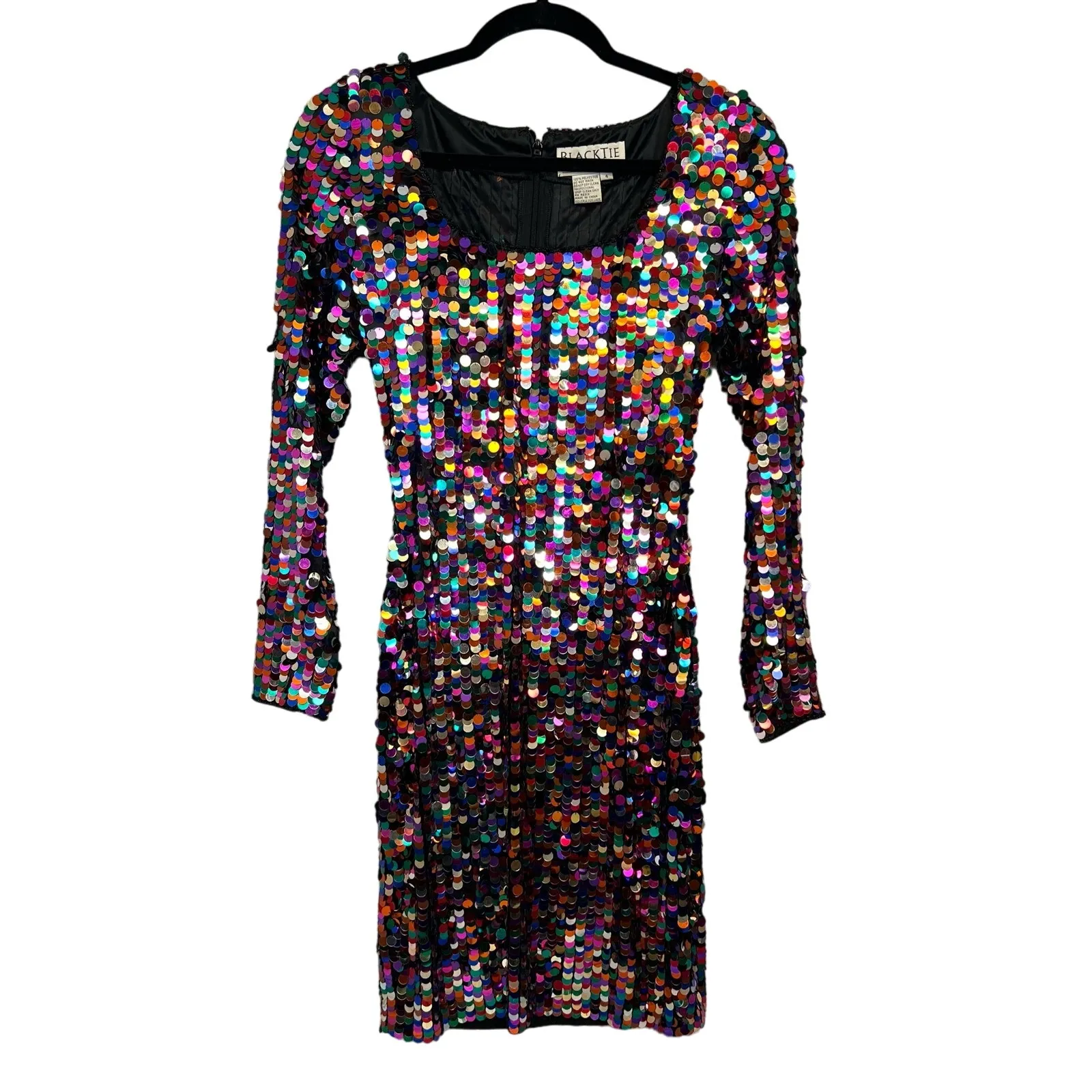 Oleg Cassini Black Tie Vintage Sequin Dress Size 4 Rainbow Long Sleeve Party - Image 3