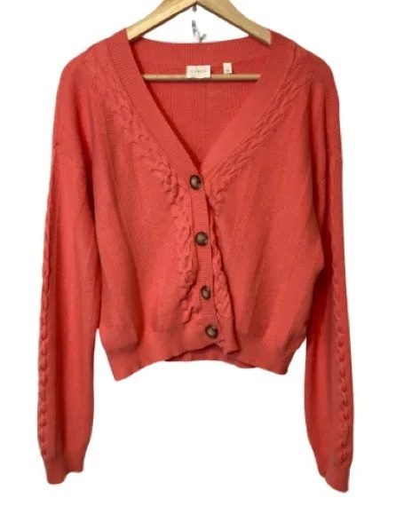 Cyrus Salmon Pink Ribbed Cable Knit Button Front V-Neck Cardigan Sweater - Image 1